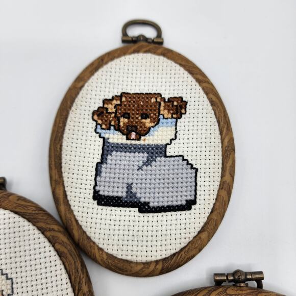 Lot of 3 Vintage counted cross stitch Christmas ornaments Santa, angel & puppy - Picture 9 of 10